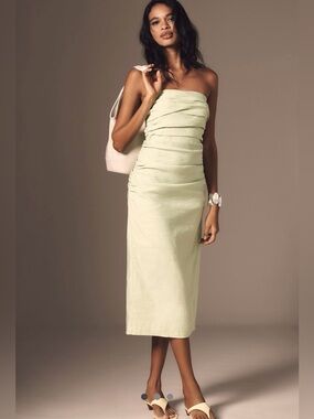 Anthropologie The Soleil Strapless Ruched Midi Dress, magic fabric NWT LP